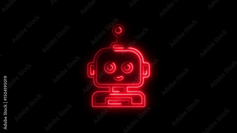 Poster animated glowing red neon robot symbol on black background represents artificial intelligence and fu
