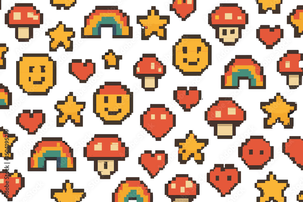 Poster colorful pixel art featuring various cheerful symbols on a white background creating a playful desig