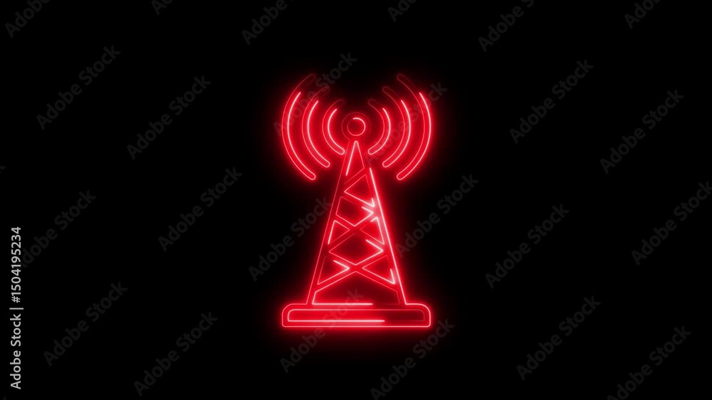 Poster animated glowing red telecommunication tower signal icon on a black background represents modern com