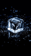 Single ice cube with droplets on dark background.

