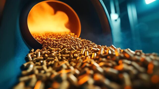 Macro shot of wood pellets feeding into the heating chamber, soft orange glow reflecting off the stove&rsquo;s steel structure, symbolizing clean energy in a cozy domestic setting