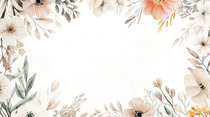 A Scandinavian-style watercolor illustration of a rectangular floral frame featuring soft minimalist florals in muted earthy tones, providing a clean and modern aesthetic 