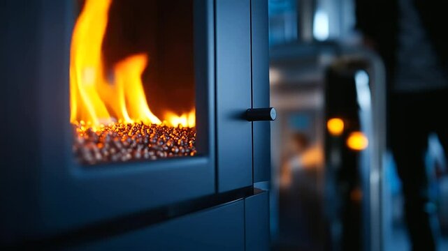 Wood pellet heating system at work, close-up of combustion chamber with lively flames, energy-efficient design showcased in a modern private household boiler room