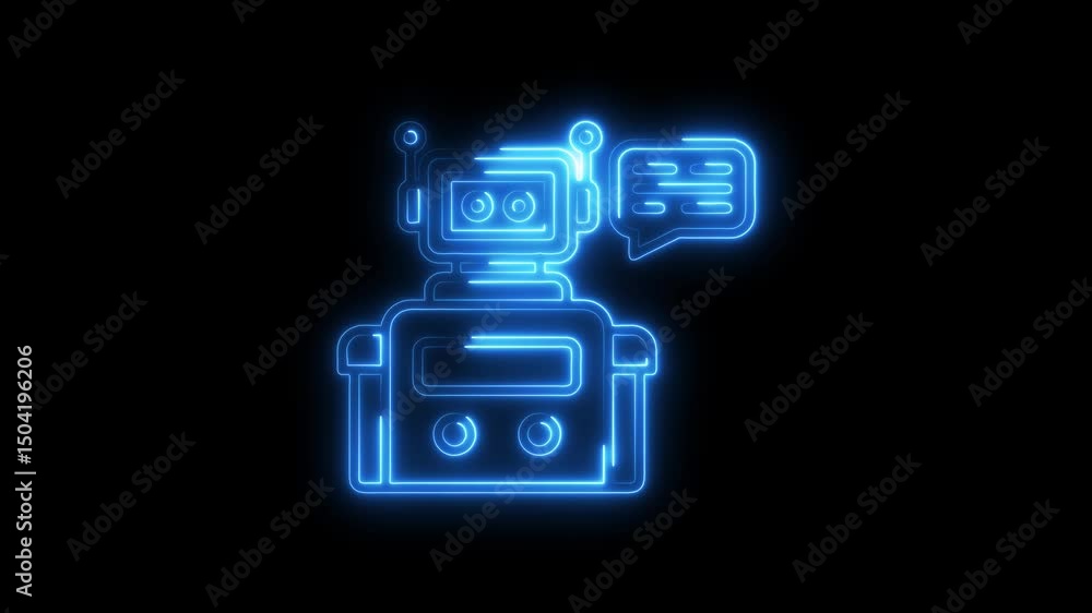 Poster animated neon blue chatbot icon with speech bubble on black background representing ai and customer 