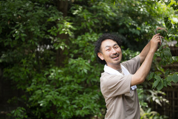 植木屋さんの剪定のイメージ　カメラ目線