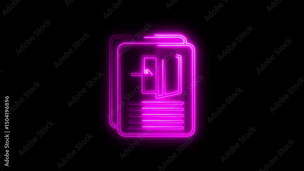 Poster neon glowing exit door icon animated on black background symbolizing access and information