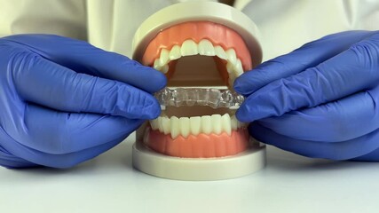 Dental professional demonstrates clear aligners on model. 