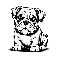 Fototapeta premium Cute pug puppy sitting silhouette vector , adorable dog drawing, cartoon pet art, small dog breed, playful puppy design, pet animal graphic, lovable dog character, black and white line art