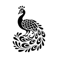 Fototapeta premium Elegant peacock silhouette vector with decorative tail feathers, detailed feather design, graceful bird illustration, nature art, exotic wildlife graphic, ornamental bird vector