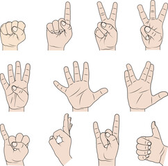Hand vector illustration on a white background. Gestures with fingers. Simulates, numbers, emotions, greetings.