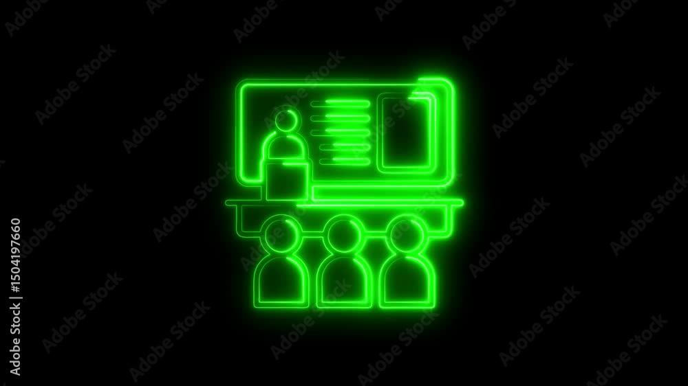 Poster green neon presentation icon animation of a speaker teaching an audience in a classroom setting agai