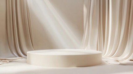 Elegant beige product presentation stage with draped fabric and natural light for display