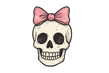 Skull with a pink bow adds a playful touch to a traditional symbol of mortality