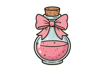 Colorful potion bottle with pink liquid and decorative bow on cork stopper