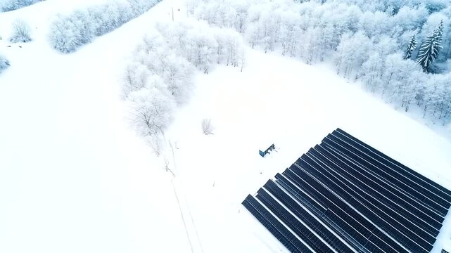 Wide view of solar panels partially buried in fresh white snow, crisp winter landscape surrounding an eco-friendly power generation site, sustainable technology enduring winter