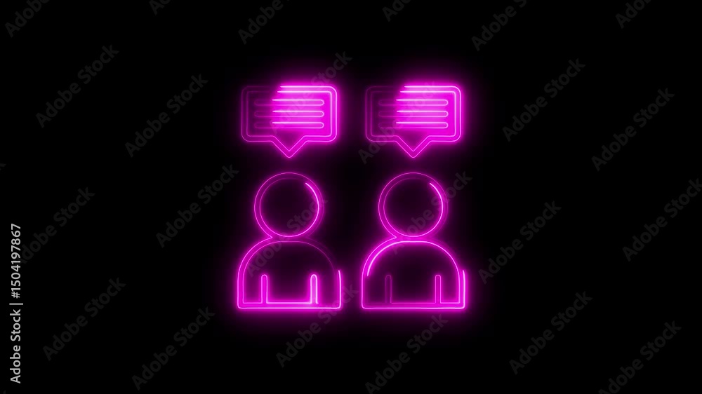 Poster animated neon pink communication icon showing two people conversing with speech bubbles on a dark ba