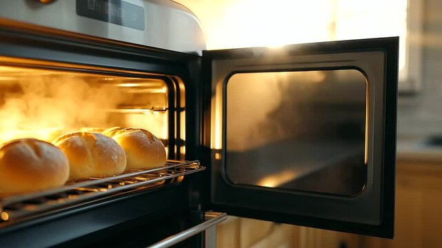 A close, intimate view of a toaster oven's open door, the smell of fresh bread seemingly escaping, golden buns visible, kitchen bathed in morning sunlight