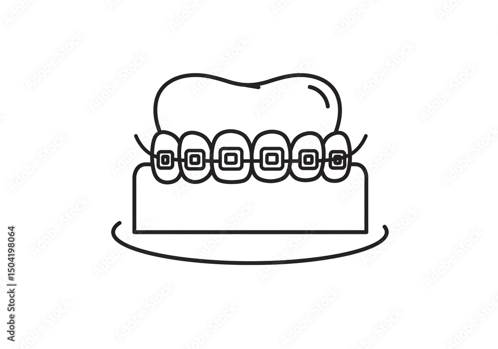 Poster a line drawing of teeth with braces and gums on a white background in a simple minimalist style