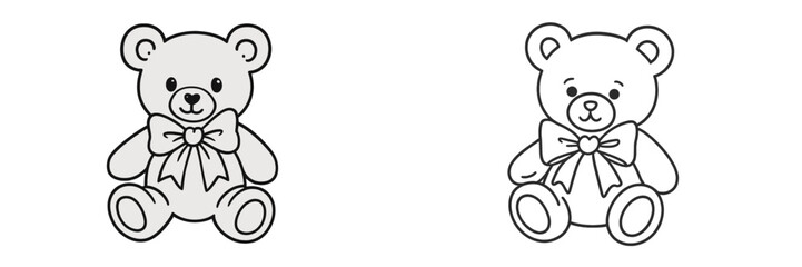 Cute illustrated teddy bears with bows in a playful style for children's coloring activities