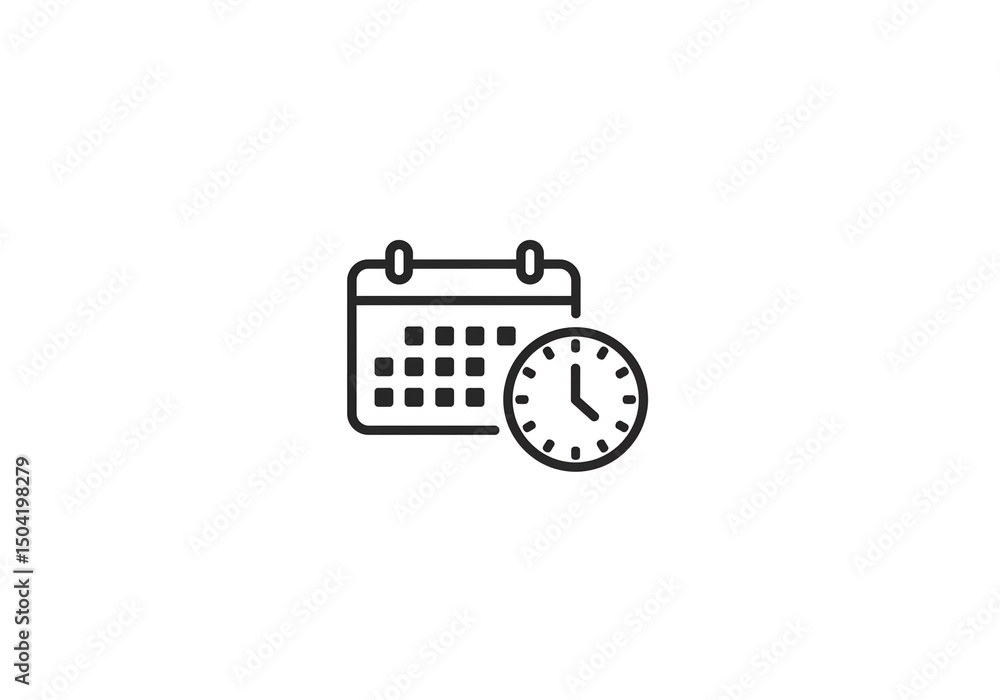 Poster a simple line drawing of a calendar icon with a clock icon next to it on a plain white background