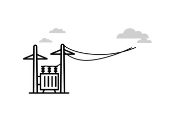 A simple illustration of a power transformer with poles and overhead lines against a cloudy sky backdrop