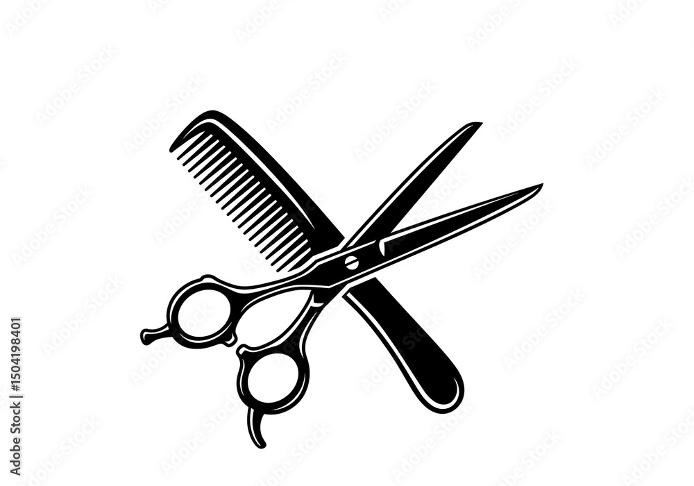 Poster a black and white graphic of scissors crossed over a comb on a white background in vector format
