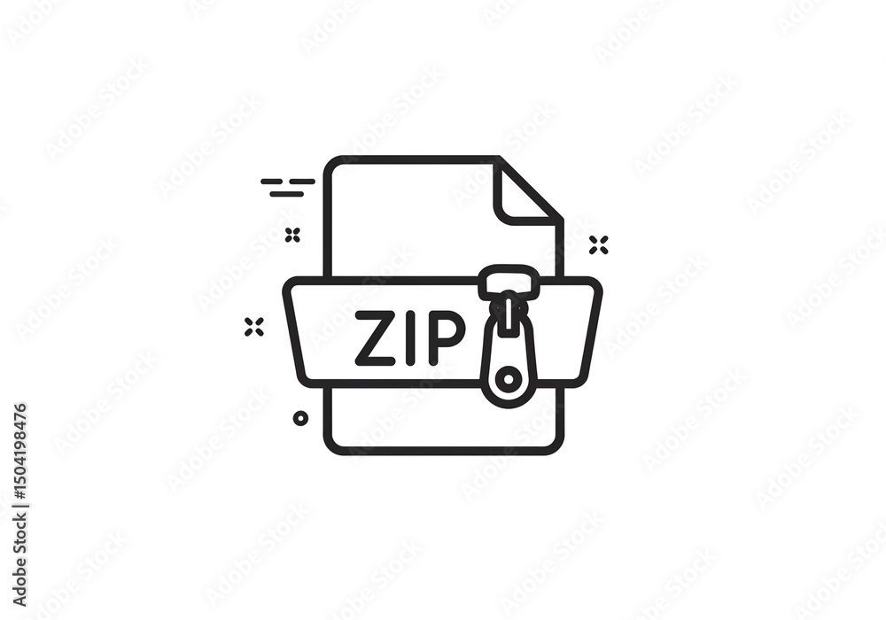 Poster a zip file icon in black outline with a zipper pull on a white background in a simple modern style