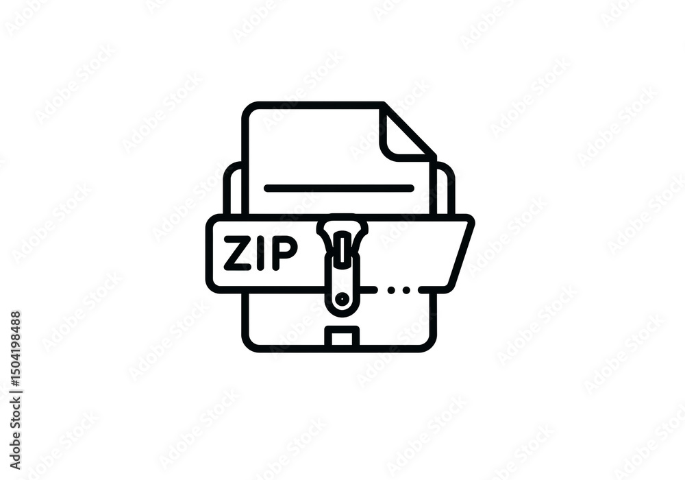 Poster a simple line drawing of a zip file icon with a document inside and a zipper pull in the center