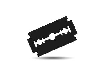 A black razor blade is isolated on a white background with a shadow underneath it in a simple design