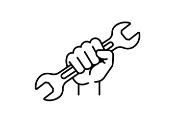 Obraz premium A hand holding a wrench tool in a black and white line drawing on a white background illustration