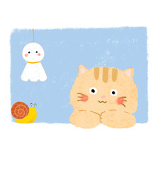 窓際のねことカタツムリとてるてる坊主　クレヨンタッチ