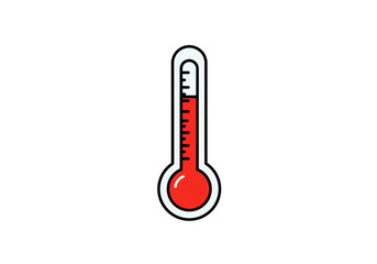 A cartoon thermometer with a red bulb and liquid indicating a temperature on a white background