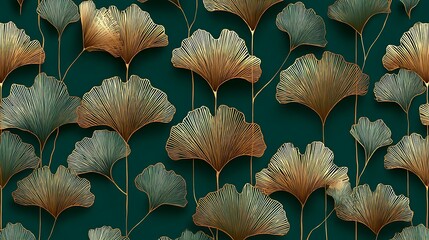 A repeating pattern of golden ginkgo leaves on a dark teal background creating a wallpaper design