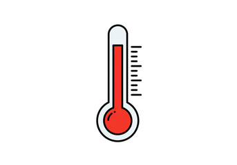 A cartoon thermometer with a red bulb and a red liquid reaching a high level on the scale shown on white