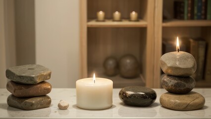 Stacked stones with candles on a marble surface.