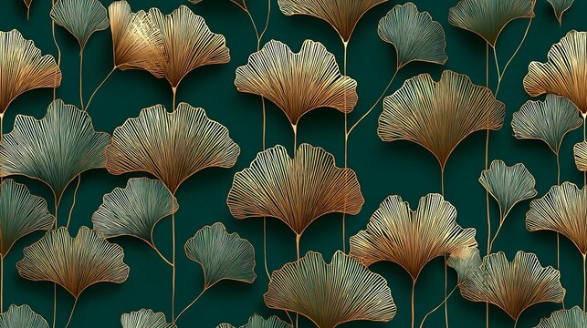 A repeating pattern of golden ginkgo leaves on a dark teal background creating a wallpaper design