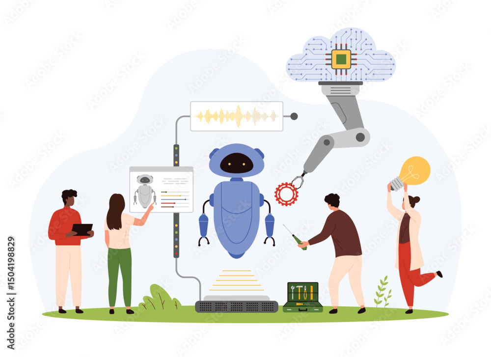 Poster ai automation, smart future construction technology and manufacturing. tiny people and tech robotic 