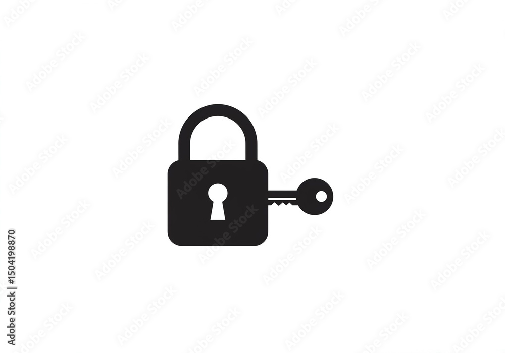 Poster a black padlock with a key inserted into its keyhole on a plain white background in a simple illustr