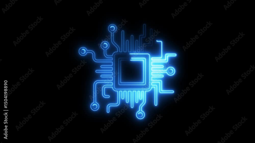Poster illuminated neon microchip circuitry graphic against black backdrop for technology and innovation co