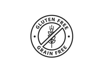 A circular logo with the words gluten free and grain free and a wheat symbol with a line through it