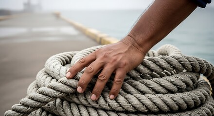 Maritime Worker Hand Holding Rope on Dock: Nautical, Marine, and Seafaring Concept