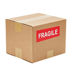 Cardboard box with “FRAGILE” label for business shipping isolated on transparent background