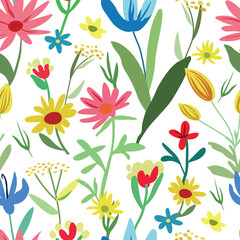 Summer print with botanical elements. Vector pattern with drawn fantasy flowers. Vector flowers on a white background. For children, wallpaper, textile.