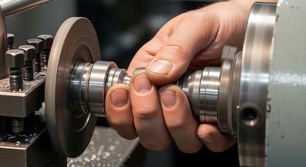 Fototapeta premium Metal Lathe Machining Process: Precision Engineering and Skilled Hands Manufacturing Component