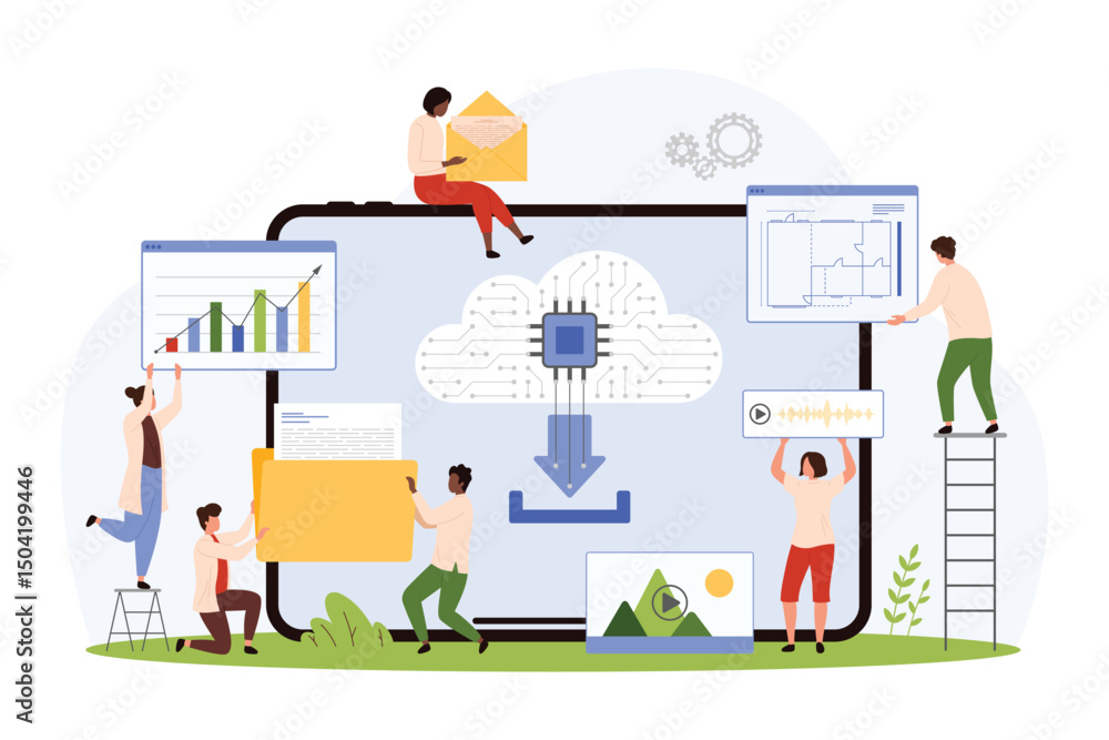 Poster data cloud storage service. tiny people holding documents and files to upload or download to digital