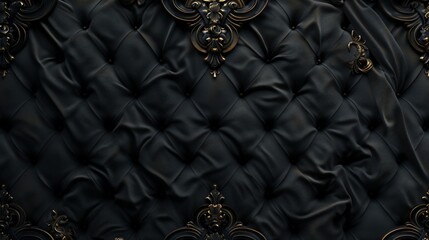 Luxurious dark-colored upholstered wall panel with intricate gold-toned decorative accents and diamond-shaped quilting