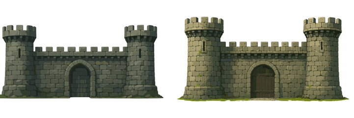 Detailed view of two medieval castle walls showcasing stone architecture and towers with battlements typical of historical fortifications © Mark