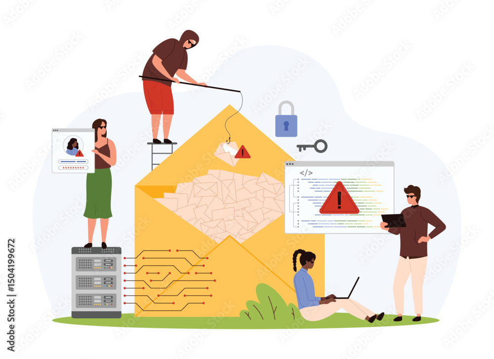 Poster cyber crime, hacker virus attack on code, phishing and malicious software activity. tiny thief and c