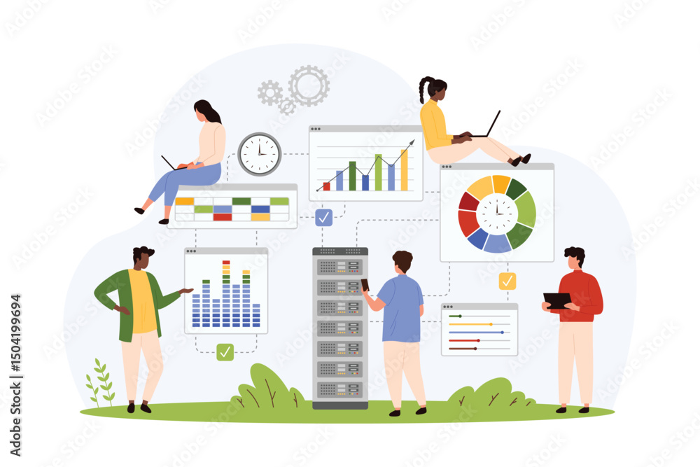 Poster data storage system, tech platform with big smart infrastructure, hosting service. tiny people monit