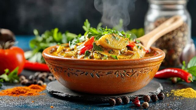 A delicious bowl of curry filled with vibrant vegetables and rich spices, ready to serve